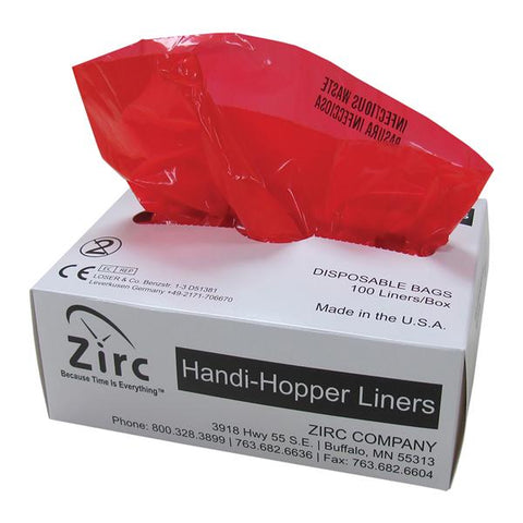 Zirc -Handi-Hopper Biohazard Bag 7x10x3" Red/Black Plastic Symbol Non-Sterile Disposable Flat Pack For 20Z404 Trash Can 100/Box 20Z405