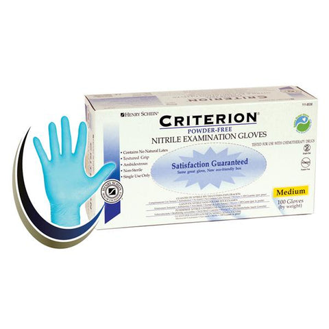 Henry Schein Inc. Gloves Exam Criterion Powder-Free Nitrile Latex-Free Medium Blue 100/Bx, 10 BX/CA - 1118536