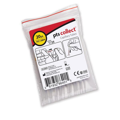 Polymer Technology Systems PTS Collect Capillary Tube Glass/Plastic 15uL Non-Sterile 25/Bx - 2863