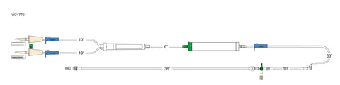 CODAN Non-vented spike, vented spike, (3) roller clamps, 200 micron filter chamber, cylinder hand pump, pre-pierced Y-site, detachable four-way stopcock, 36” extension, male luer-lock