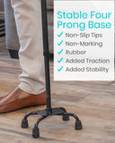 QUAD CANE, 28"-37" HEIGHT, REVERSIBLE 4-PRONG BASE, BLACK