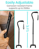 QUAD CANE, 28"-37" HEIGHT, REVERSIBLE 4-PRONG BASE, BLACK